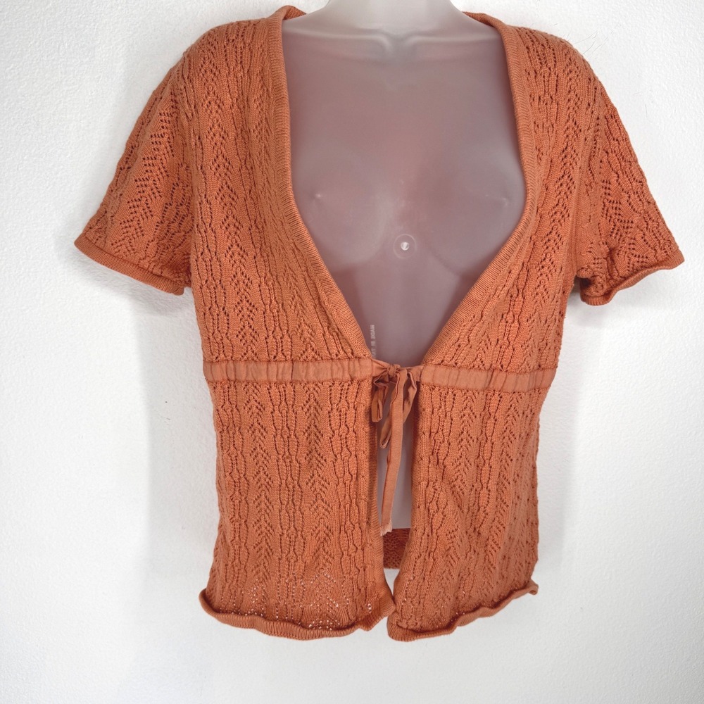 Vintage Pointelle Knit Short Sleeve Tie Front Cardigan Y2K L Boho Cottagecore
